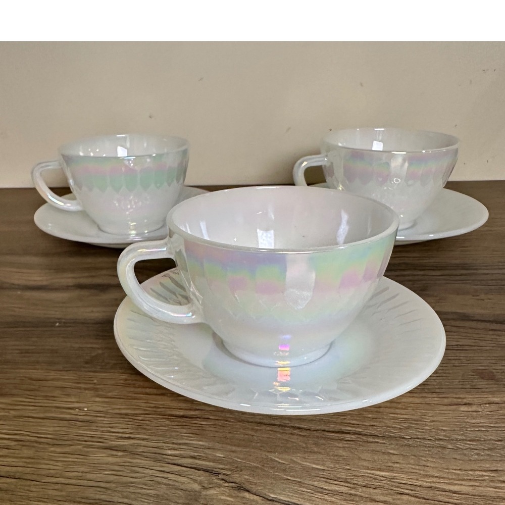 Federal Glass Moonglow Iridescent Tea Cup Saucer Set Vintage 1960s Lustre 6pc